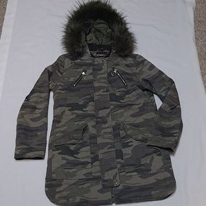 Express Green Camo Military Style Lightweight Utility Jacket With Removable Fur